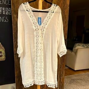 NWT AOLRO L Crisp white swim cover-up dress.Flowy/Boho,deep V-neck,5”side slits.